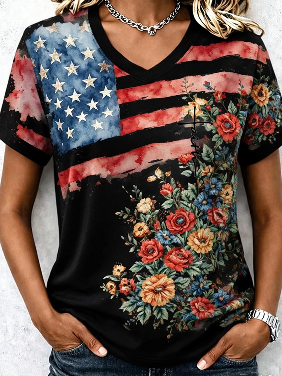 Women's Casual American 250th Anniversary Print V-Neck T-Shirt