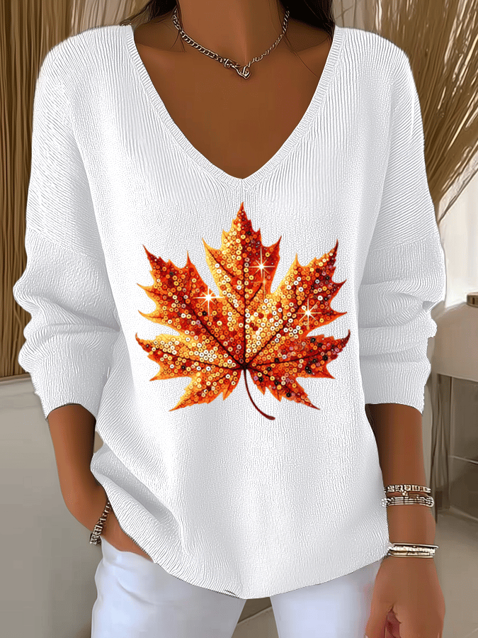 Women's Sequined Maple Leaf Printed Casual Striped Fabric Long Sleeve T-Shirt