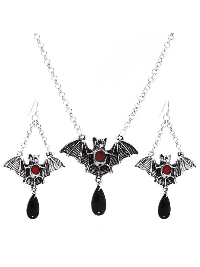 Halloween Gothic Dark Cross Bat Necklace Earring Set