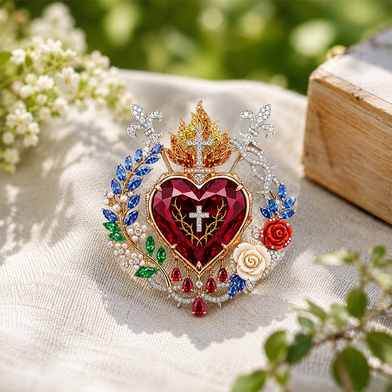 Luxurious Vintage Palace Style: Radiant Sacred Heart Floral Gemstone Brooch