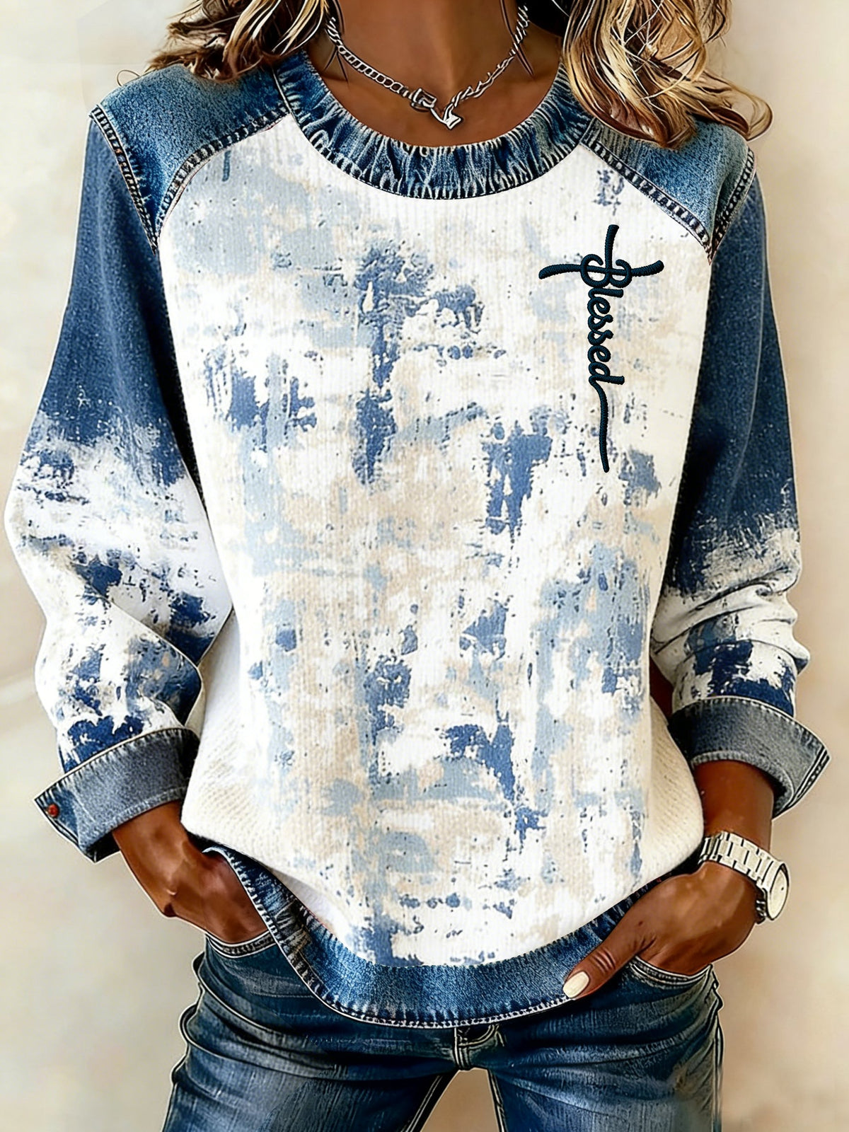 Women's Winter Western Cowboy Print Crew Neck Top