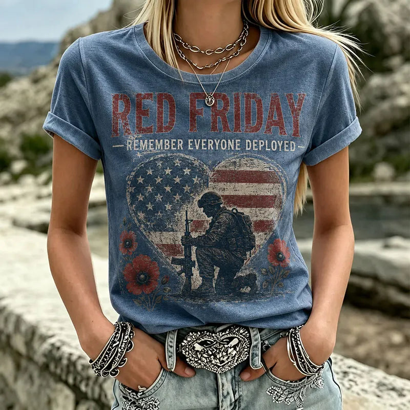 Women’s Blue RED Friday Military Memorial Heart Flag Kneeling Soldier Poppy Graphic Crew Neck T-Shirt