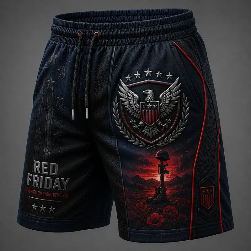 Red Friday American-Style Graphic Print Athletic Casual Shorts