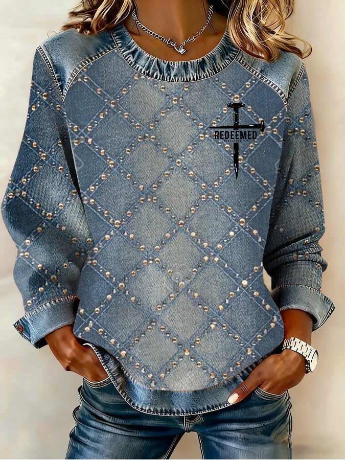 Women's Winter Faith-Themed Faux Denim Print Round Neck Top