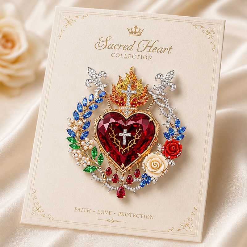 Luxurious Vintage Palace Style: Radiant Sacred Heart Floral Gemstone Brooch