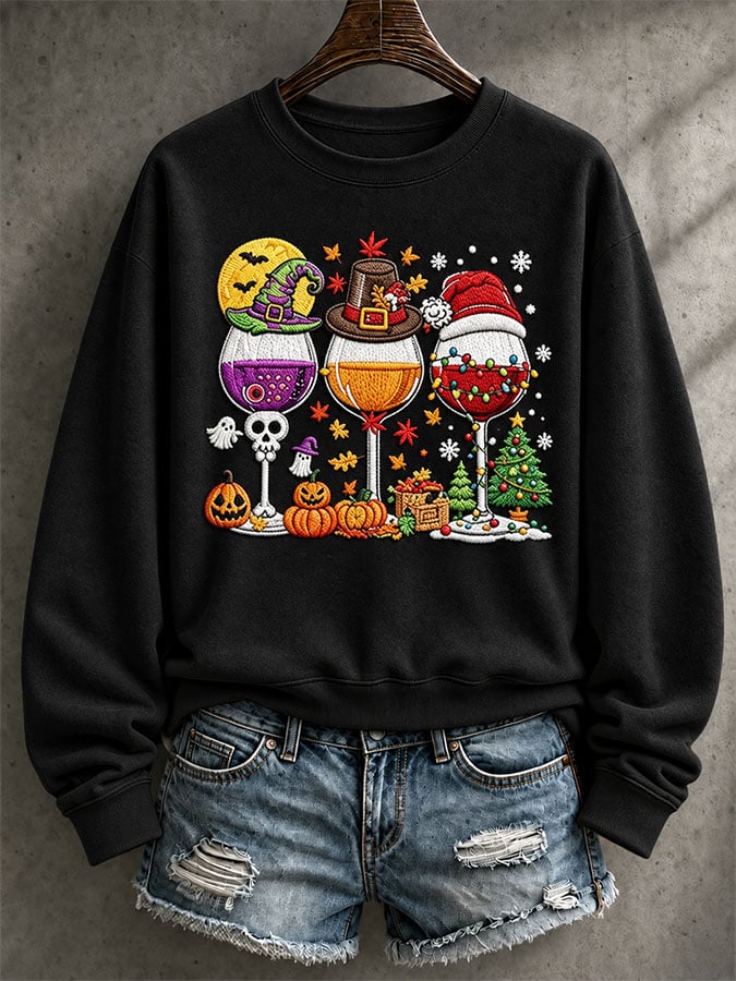 Women's Casual HalloThanksmas Printed Long-Sleeve Sweatshirt