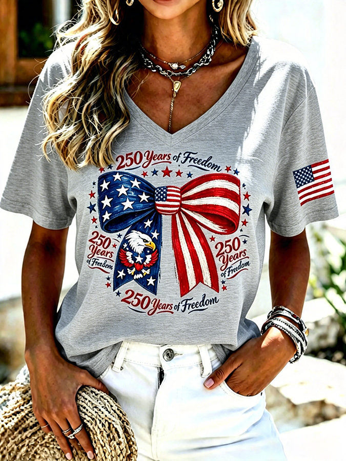 250 Years Of Freedom Eagle Bow Tie American Flag V Neck Tee
