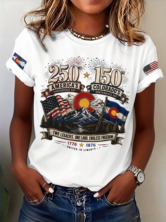 Retro 250Th America'S Independence Day 150Th Colorado'S Independence Day Two Legacies. One Land. Endless Freedom. 1776 1876 United In Liberty Print T-Shirt