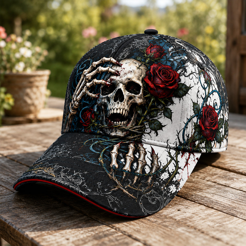 Gothic Skull and Red Rose Baseball Cap with Vintage Washed Finish