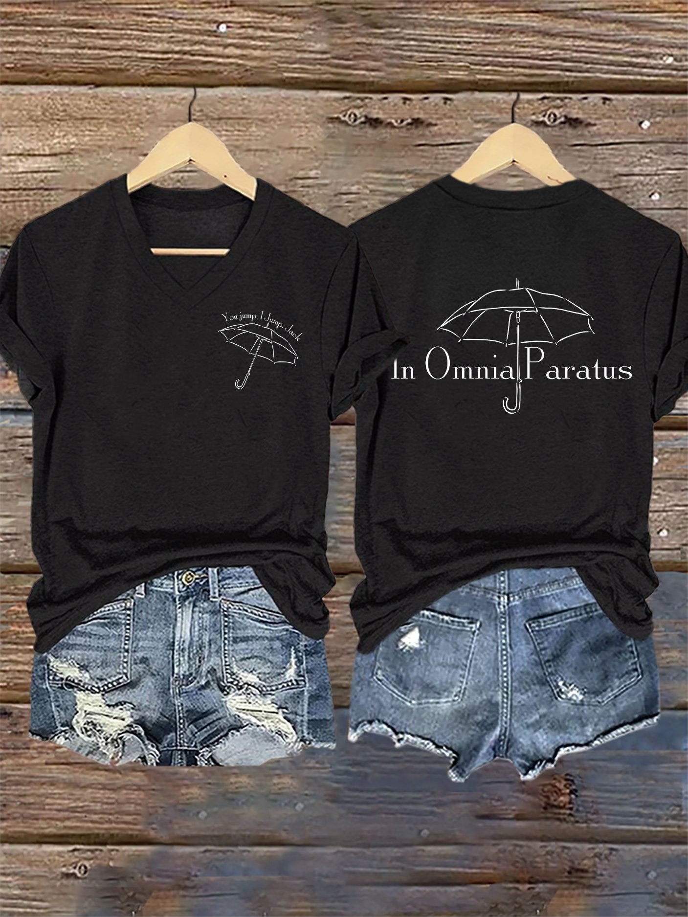 🔥HOT SALE🔥V-Neck Retro Fall You Jump, I Jump, Jack In Omnia Paratus Print T-Shirt