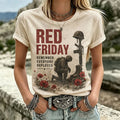 Women’s Beige RED Friday Military Memorial Kneeling Soldier Poppy Graphic Crew Neck T-Shirt