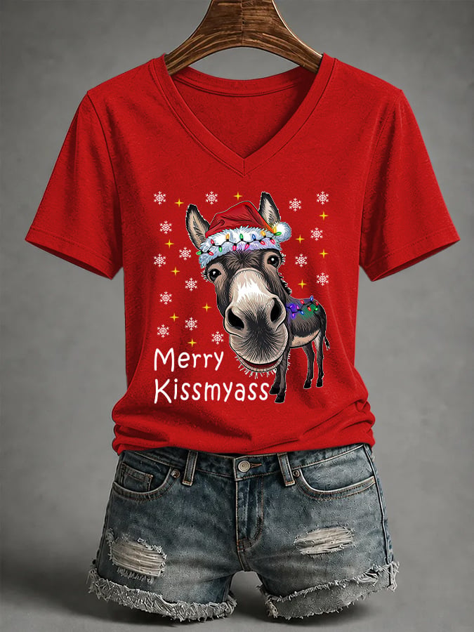 V-Neck Retro Funny Christmas Donkey Merry Kissmyass Print T-Shirt