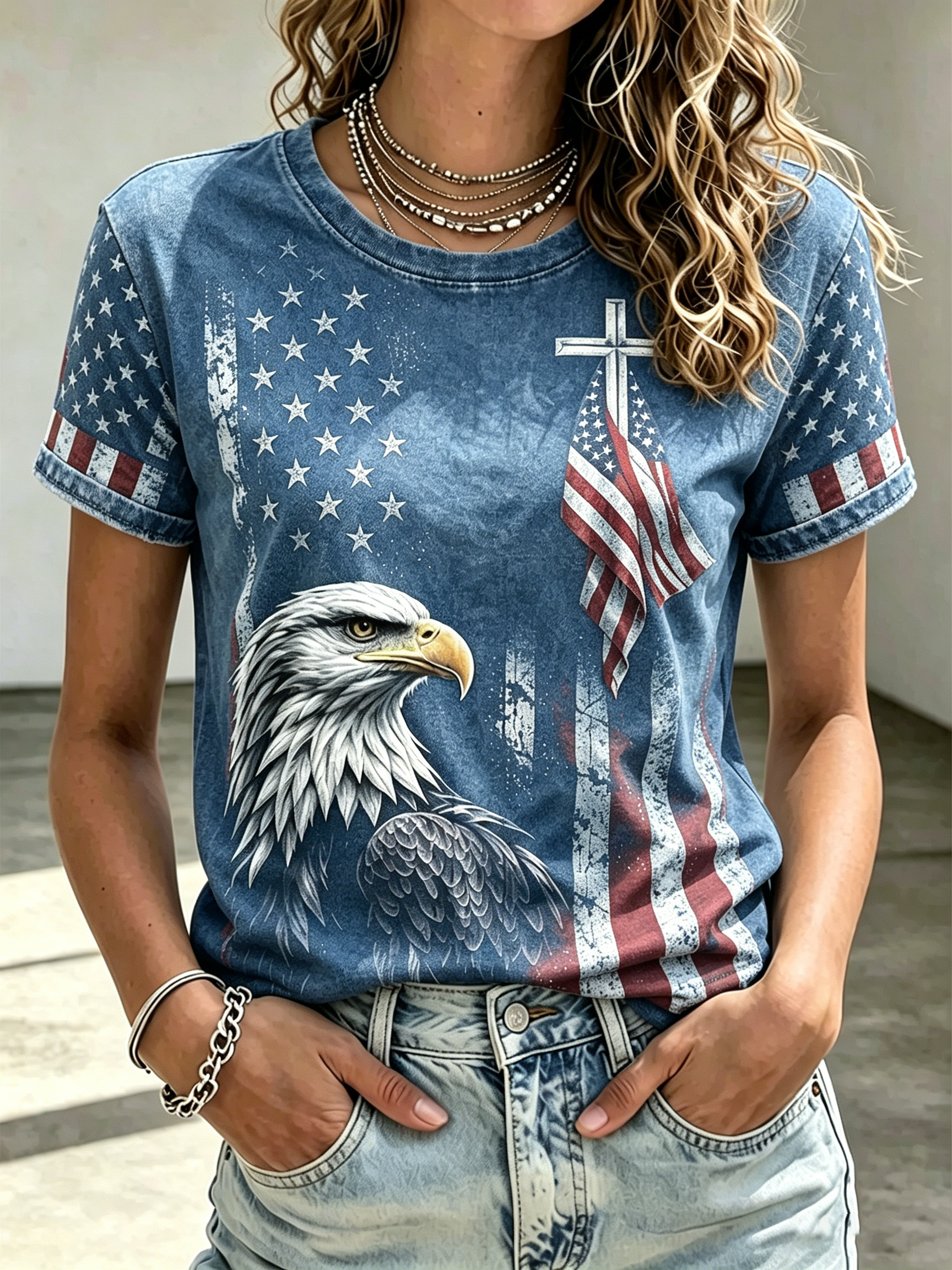 American Cross Flag Eagle Commemorative Print Round Neck Top