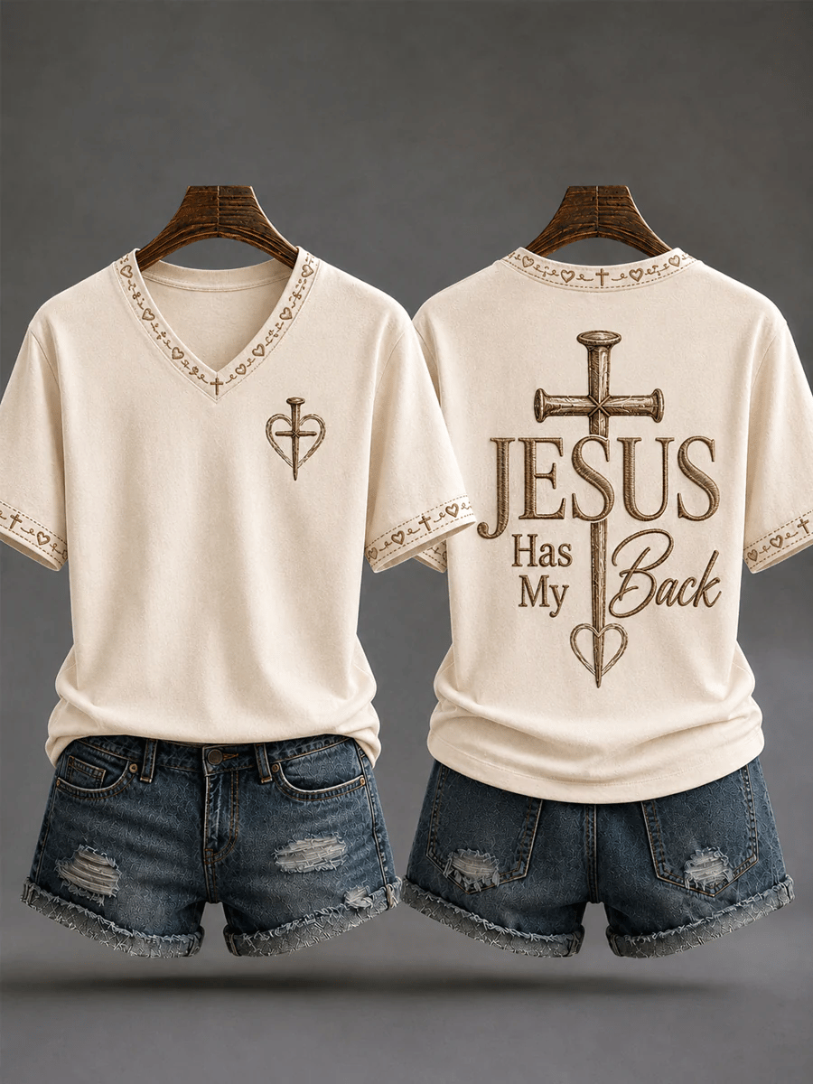 Women's  Retro  Jesus Has My Back Christian Cross Print T-shirt