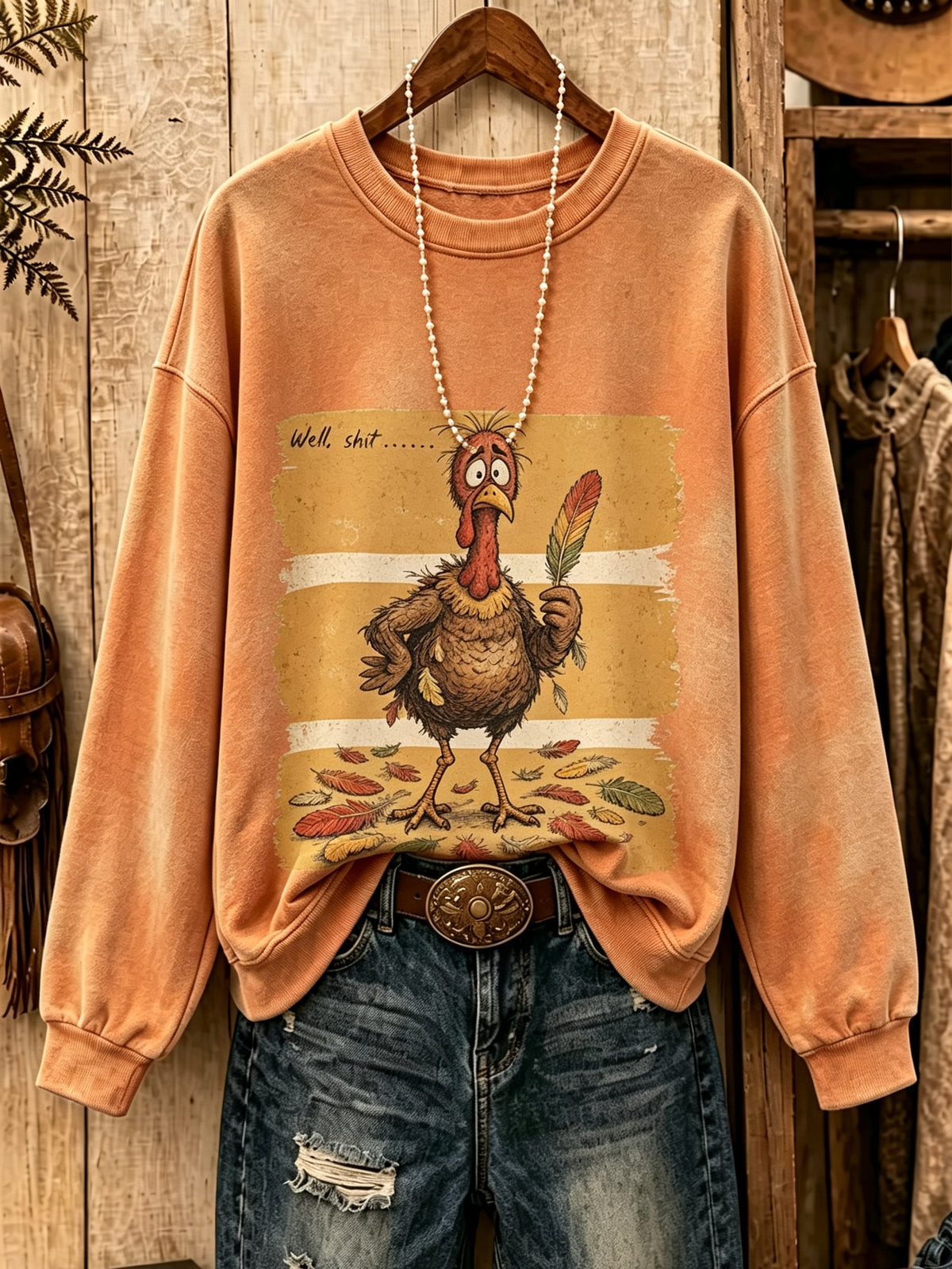 Women's Funny Thanksgiving Turkey Well Shit Featherless Print Sweatshirt