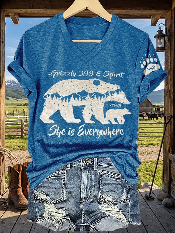 V-Neck Retro Grizzly 399 And Spirit 10-22-24 She Is Everywhere Print T-Shirt