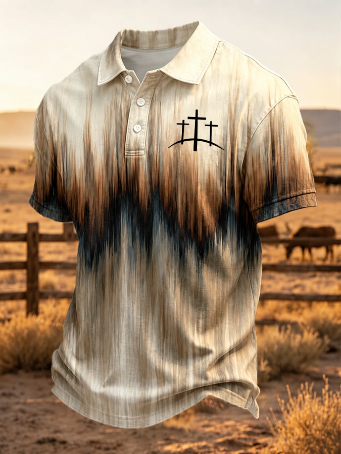 Men's Vintage Western Faith Cross Print Polo Shirt