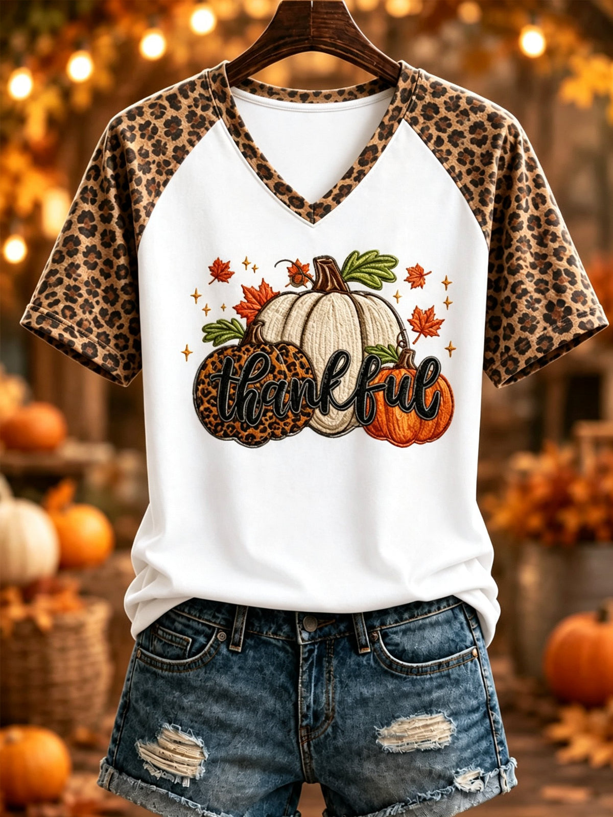 Women's “HAPPY Thanksgiving” Printed V-neck T-shirt