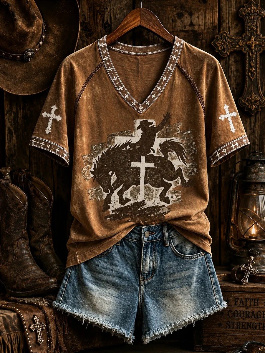 Women's Retro Western Christian Cross Short Sleeve T-shirt