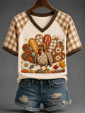 Women's Fun Turkey Football V-neck Off-shoulder Short-sleeved T-shirt