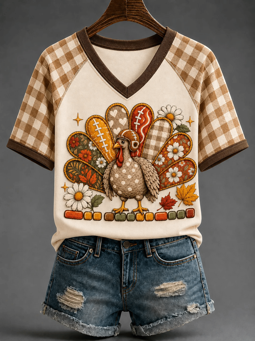 Women's Fun Turkey Football V-neck Off-shoulder Short-sleeved T-shirt