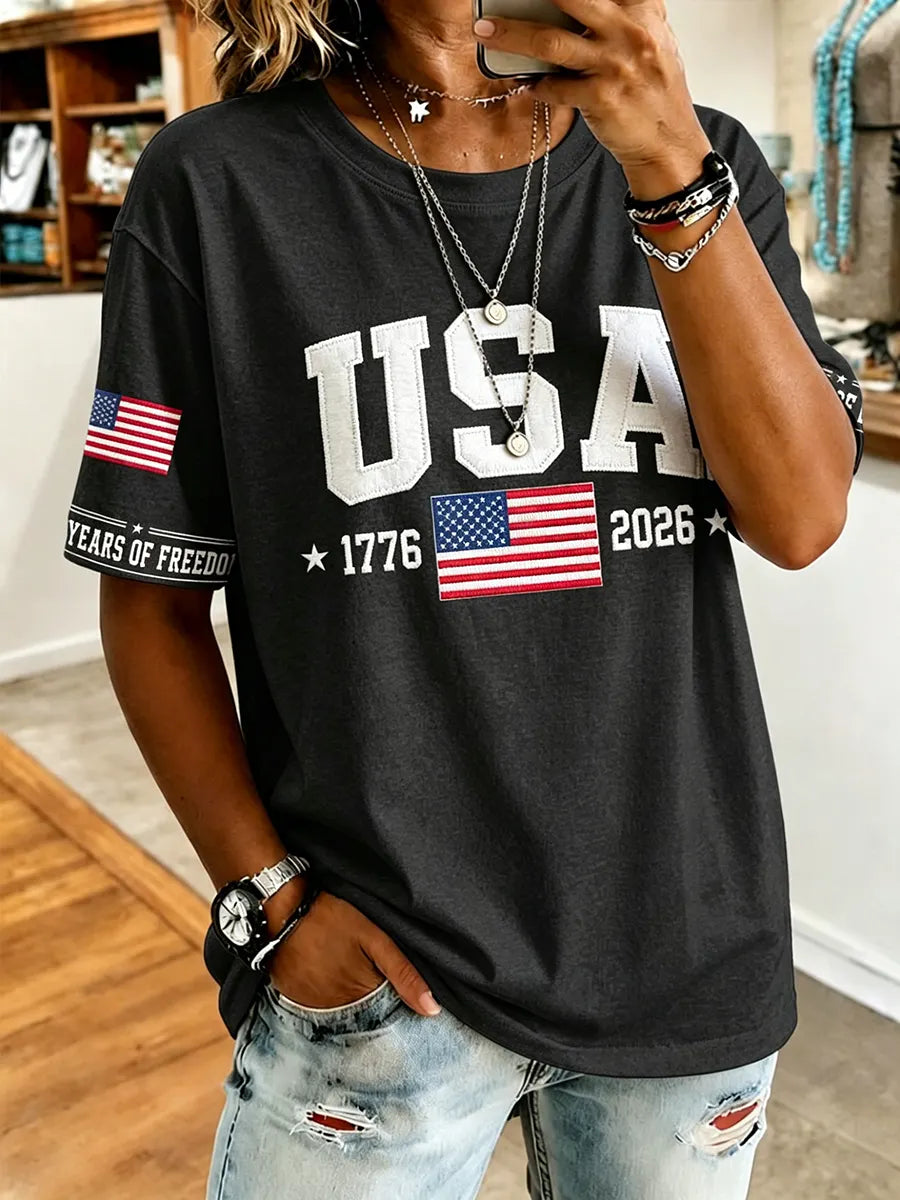 American Commemorative Embroidered Round Neck Top