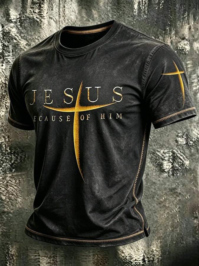 Religious Belief Cross Washed And Worn Print Round Neck T-Shirt