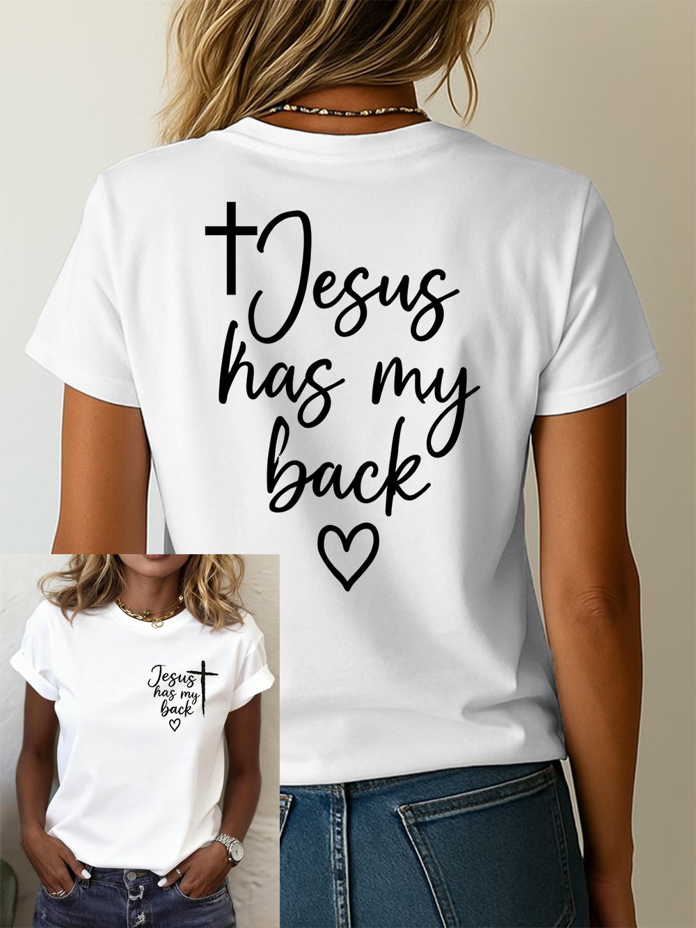 Women's "Jesus Has My Back" Print Crew Neck Short-Sleeve T-Shirt