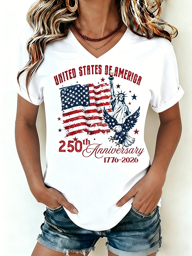 Women's 1776-2026 Statue of Liberty Anniversary Eagle Print V-neck T-shirt