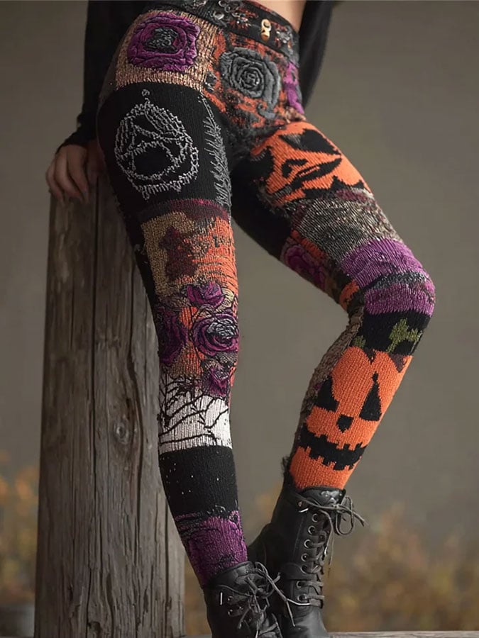 Women's Halloween Pumpkin Patchwork Print Leggings