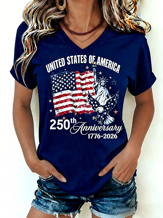 Women's 1776-2026 Statue of Liberty Anniversary Eagle Print V-neck T-shirt