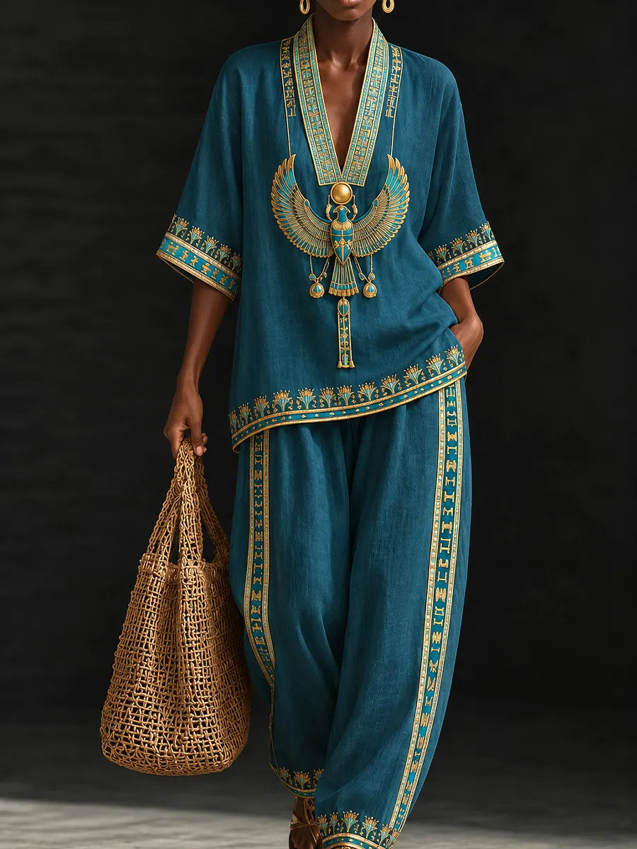 Teal Egyptian-Inspired  Kaftan Set with Gold Sacred Wings Necklace Detail