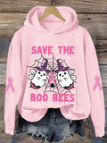 Women's Pink Halloween Ghost Save The Boo Bees Breast Cancer Awareness Warrior Hoodie