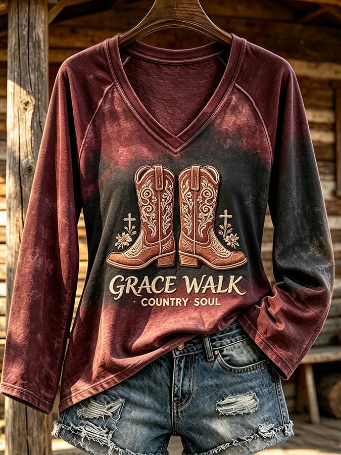 Women's Retro Western Print V-Neck Top