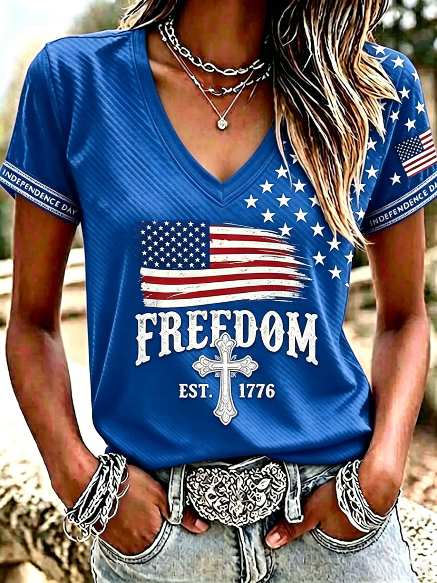 Women's Independence Day Cross Faith V-neck T-shirt