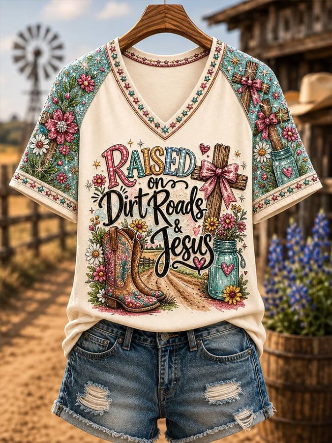 Women's Vintage Western Faith-Print T-Shirt