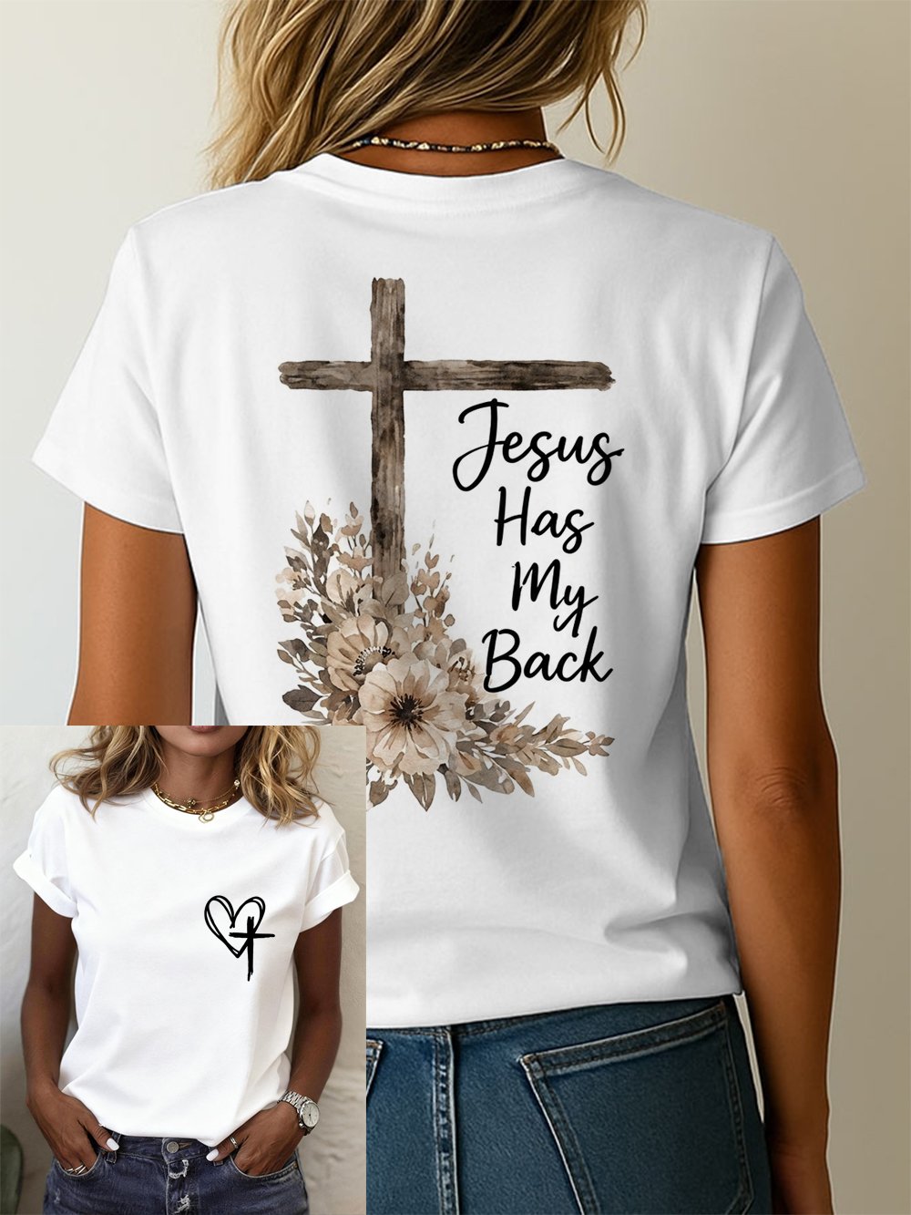 Women's "Jesus Has My Back" Print Crew Neck Short-Sleeve T-Shirt