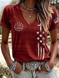 Women'S America Flag Print Casual V-Neck T-Shirt