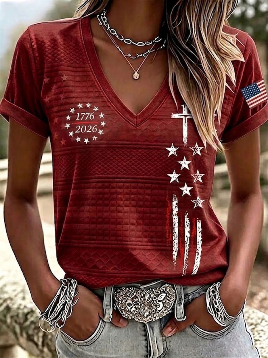 Women'S America Flag Print Casual V-Neck T-Shirt
