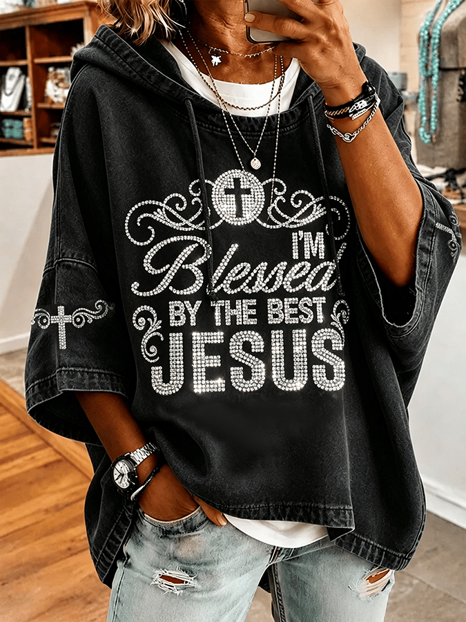 Retro Faith Pattern Hooded Short-Sleeve T-Shirt