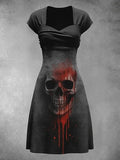 Women's Retro Skull Art Print V Neck Dress