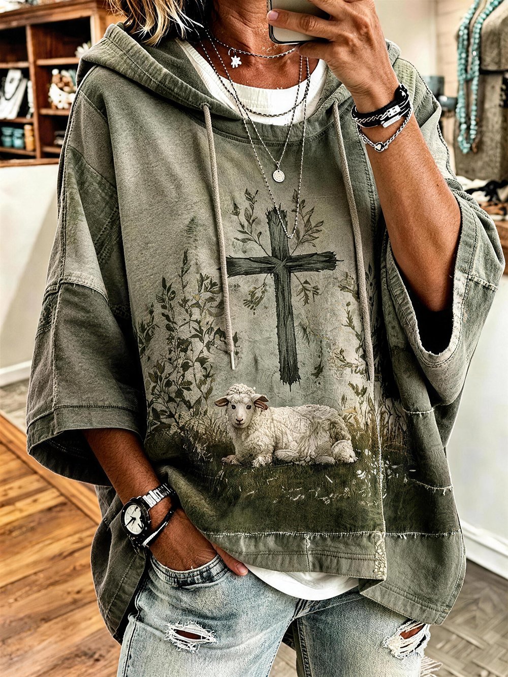 Women's Faith Print Crew Neck Mid-Sleeve Sweatshirt