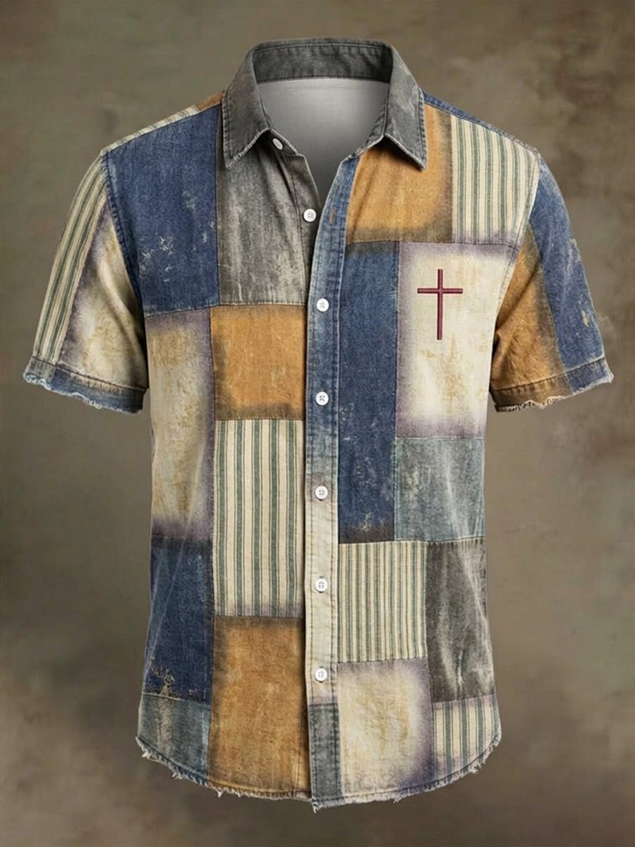 Men's Vintage Faith Faux-Linen Short-Sleeve Shirt