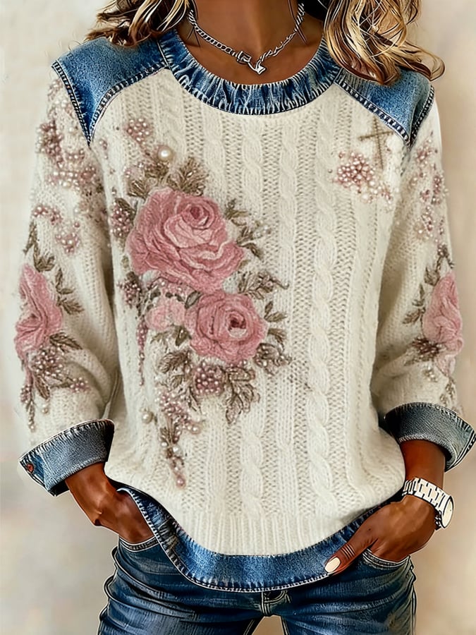 Women's winter floral print round neck top