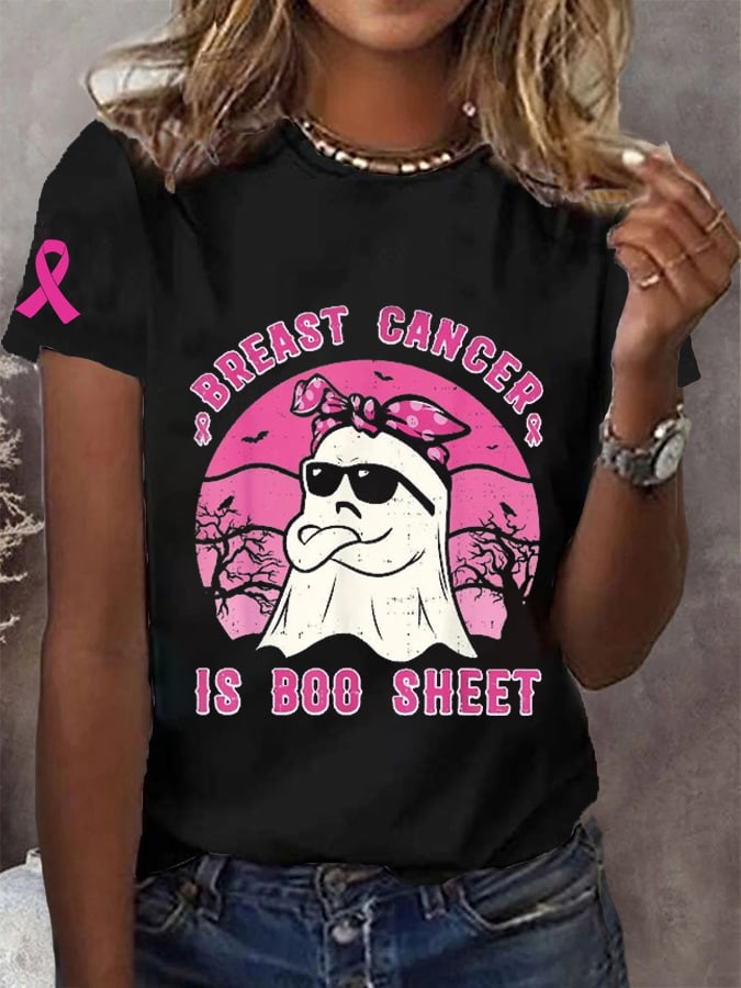Women's Breast Cancer Awareness Halloween Breast Cancer Is Boo Sheet Pink Ribbon  Casual Tee