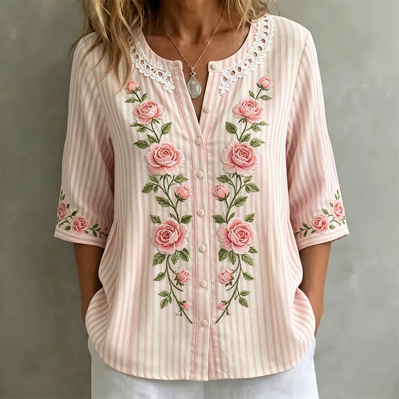 American Pink Stripe Rose Vintage Women's Fashion Top