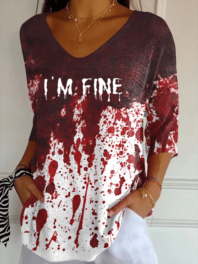 Women's Bloody I'm Fine Print Striped Fabric Casual V-Neck T-Shirt