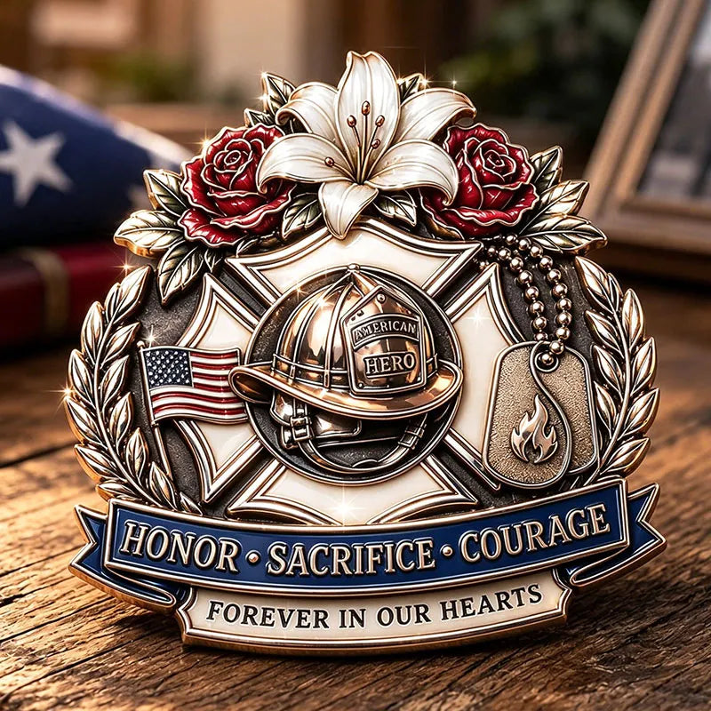 “Honor • Sacrifice • Courage – Forever in Our Hearts” FDNY Firefighter Memorial Brooch Pin | Hero Tribute Badge with Helmet & Lily Design