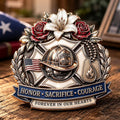 “Honor • Sacrifice • Courage – Forever in Our Hearts” FDNY Firefighter Memorial Brooch Pin | Hero Tribute Badge with Helmet & Lily Design
