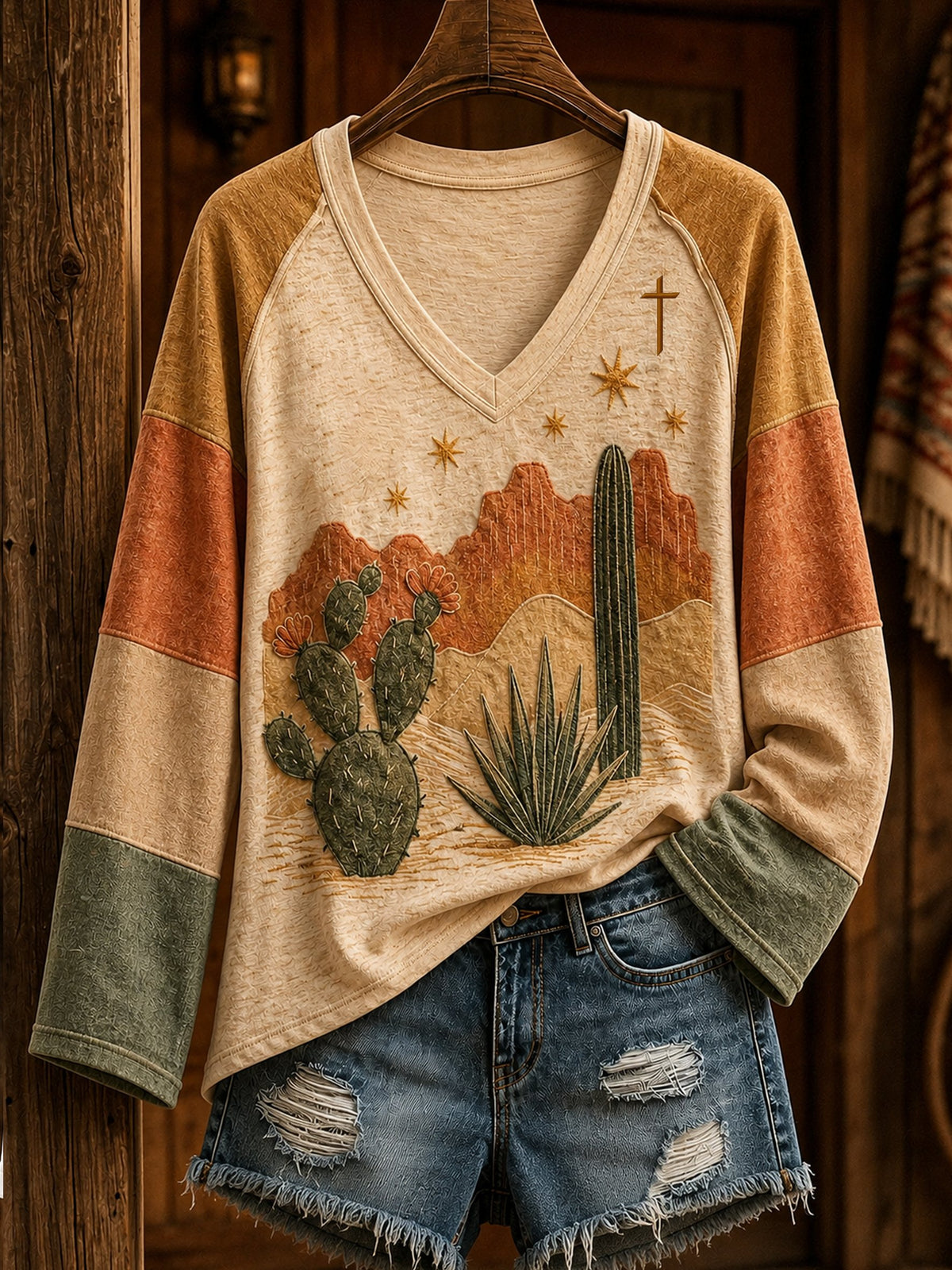 Women's Retro Western Desert Print V-Neck Top